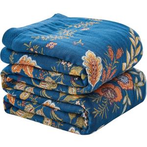 Boho Blanket Soft Muslin BohoThrow Blanket, 100% Cotton Floral Printed Farmhouse Decor All Season Reversible Rustic Throw for Sofa Couch ChairBlue, 60"x80"