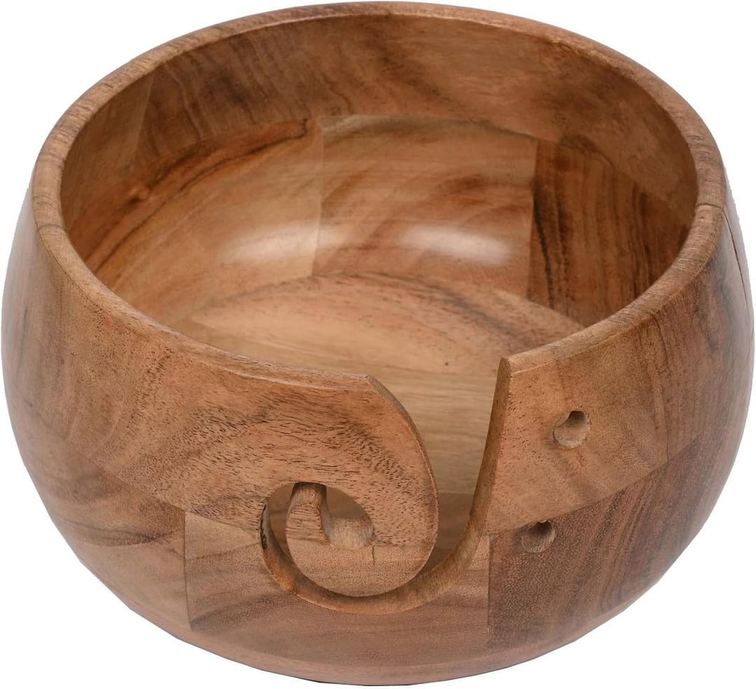 EDHAS Acacia Wood Yarn Bowl Holder | Handmade Holder with Holes | Yarn/Wool/String Storage Accessory (7" x 7" x 4")
