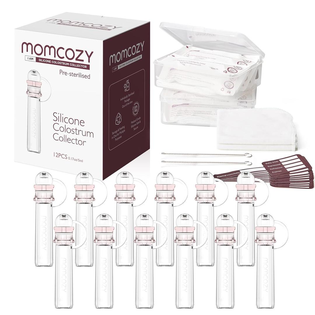 Momcozy Colostrum Collector Reusable Breast Milk Collector with Storage Case and Cotton Wipe, Portable Colostrum Container BPA Free, Multi-Use Collector 5ml-12pcs (12 Count)