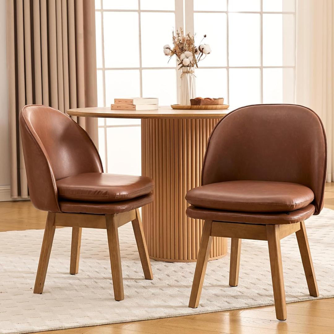 LukeAlon Modern Swivel Dining Chairs Set of 2, Mid-Century 19 Inch Dining Chairs with Backrests and Beech Wood Legs, PU Leather Upholstered Side Chairs for Kitchen Dining Table, Cafe, Brown