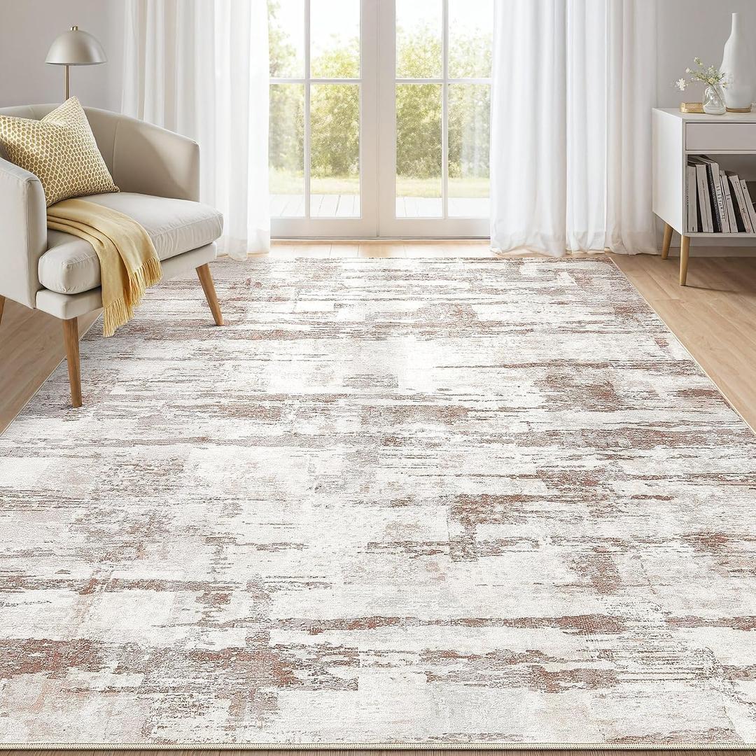 Abstract Living Room Rug 6x9 - Modern Washable Soft Thin Area Rug for Living Room Bedroom Under Dining Table - Neutral Indoor Floor Rug Carpets for Home Office Playroom Nursery - Light Brown