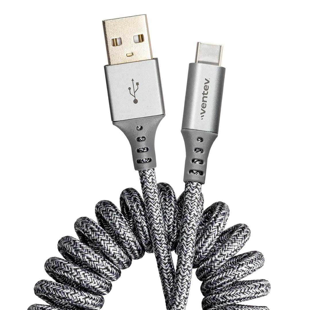 Ventev - Chargesync Helix Cable 14" USB A to USB C, Cloth Covered, Flexible Elastic Recoil Design, Fast Charging, Compatible with iPhone 16/16 Pro/15, MacBook, iPad Pro, Samsung Galaxy S25 - Gray (3ft)