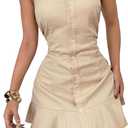 GORGLITTER Women's Button Up Mini Dress Ruffle Sleeveless Backless Halter Collar Shirt Dress Work Trendy 2025 (M)