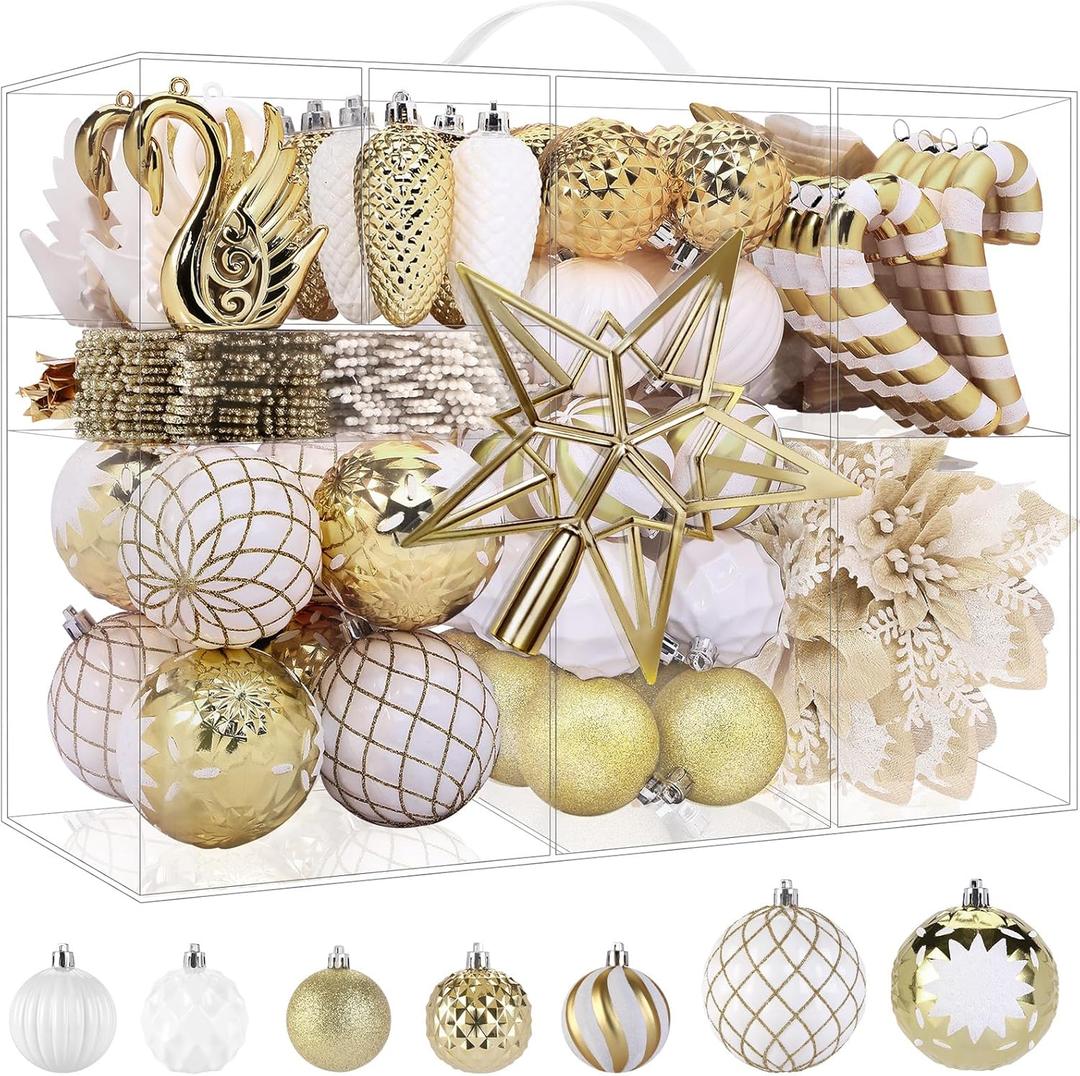 Alupssuc 128pcs Christmas Balls Ornaments Set, Shatterproof Plastic Baubles Christmas Flowers, Ribbon, Tree Topper for Xmas Tree Holiday Wedding Party Decorations with Hanging Strings, Gold and White