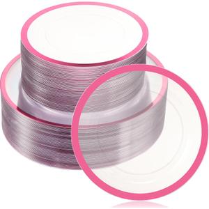 Wesiti 100 Pcs Clear Plastic Plates Disposable Dinnerware Set Includes 50 Dinner Plates 10.25 '', 50 Dessert Plates 7.5 '', Cake Salad Dessert Plates for Wedding Birthday Holiday Parties (Pink Rim)