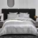 Duvet Cover Queen Size Grey 5 Pieces Satin Queen Duvet Cover Luxury Coquette Silk Like Striped Duvet Cover Grey Bedding Set Comforter Cover with Zipper Closure 1 Duvet Cover 4 Pillow Cases