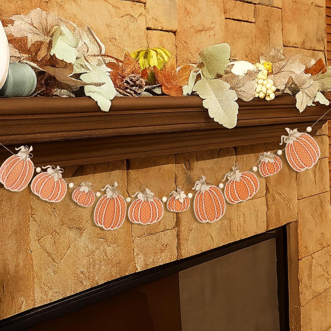 8.2 ft Fall Decorations Wooden Polka Dot Pumpkin Garland Thanksgiving Fall Banner Rustic Farmhouse Wood Bead Garland Halloween Pumpkin Hanging Decor for Fireplace Mantel Wall Home Window (Orange)