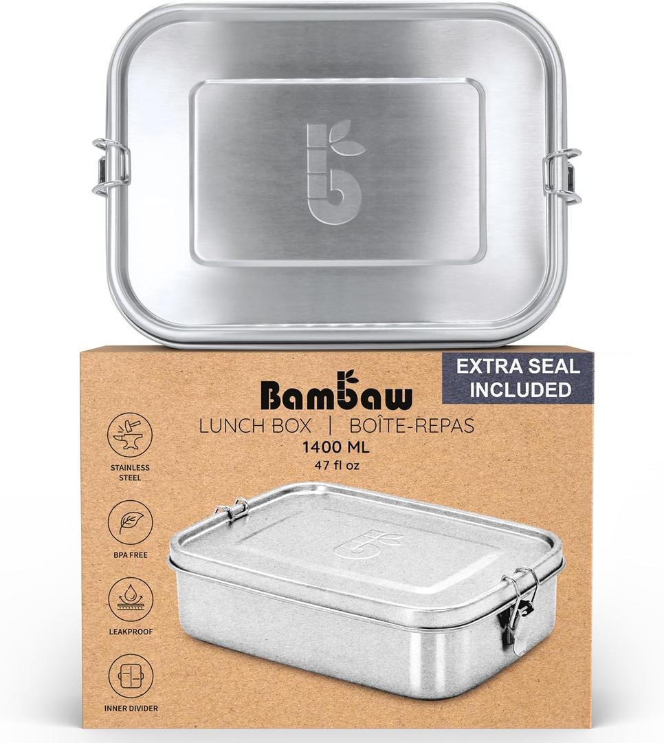 Bambaw Stainless Steel Lunch Box for Adults 47 oz, Metal Bento Box with Adjustable Compartment, Metal Lunch Container, Leakproof Stainless Steel Sandwich Container