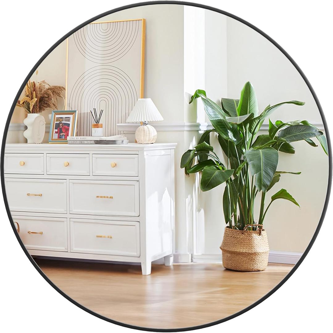 Round Mirror, 32 inch Circle Mirror, HD Eco-Friendly Round Bathroom Mirror for Over Sink, Big Matte Black Metal Framed Wall Mirror for Wall, Vanity, Entryway, Hallway, Living Room, Easy to Install