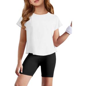 Haloumoning Girls Loose Athletic Shirts Short Sleeve Crop Tops Kids Quick Dry Gym Yoga Tees, Size: 7-8 Years