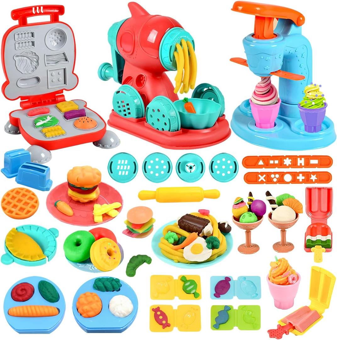 3 in 1 Color Dough Kitchen Creations Set, Ice Cream Spaghetti Burger Maker Machine, Art Crafts Food Modeling Toys, Accessories Tools Kit for Boys Girls Kids Toddlers Ages 3+ (12 Colors Dough)