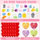 JOYIN 28 Packs Valentine Day Gift Cards with Mochi Squishy Toys and Filled Hearts for Kids Valentine Classroom Exchange, Kawaii Stress Relief Toys School Gifts Exchange, Games Prizes