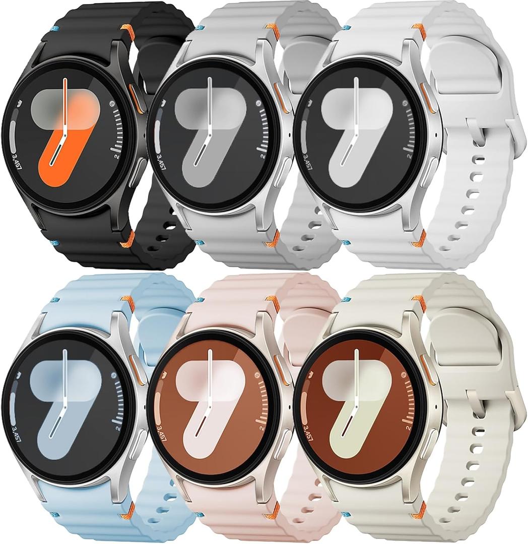 Sport Band for Samsung Galaxy Watch 7 Band 40mm 44mm,No Gap Soft Silicone Strap for Galaxy Watch 6 5 4 FE Band 40mm 44mm/Galaxy Watch 6/4 Classic 47mm 43mm 46mm 42mm/Watch 5 pro 45mm Men Women,6 Pack (03-Black/White/Light grey/Pink/Light Blue/Starlight)