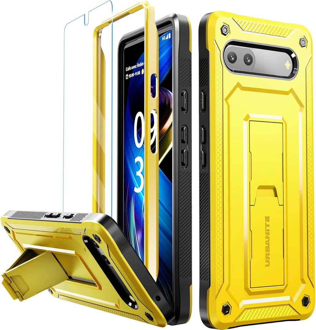 URBANITE for Google Pixel 6A Case, Military Grade Rugged Shockproof Protective Cover with Screen Protector and Kickstand (Yellow)