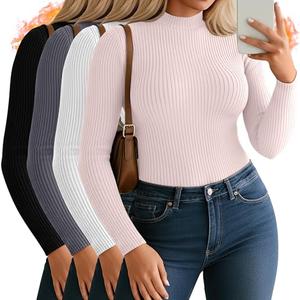 Oakgarden 4 Pack Women's Plus Size Mock Turtleneck Tops Thermal Fleece Ribbed Long Sleeve Cotton Fitted Shirts Layer Sweater(Light Pink, White, Gray, Black,XX-Large)