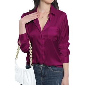 Womens Satin Silk Blouses Blouse Button Down up Shirts for Women Casual Loose Long Sleeve Business Work Tops (X-Large, Red2)