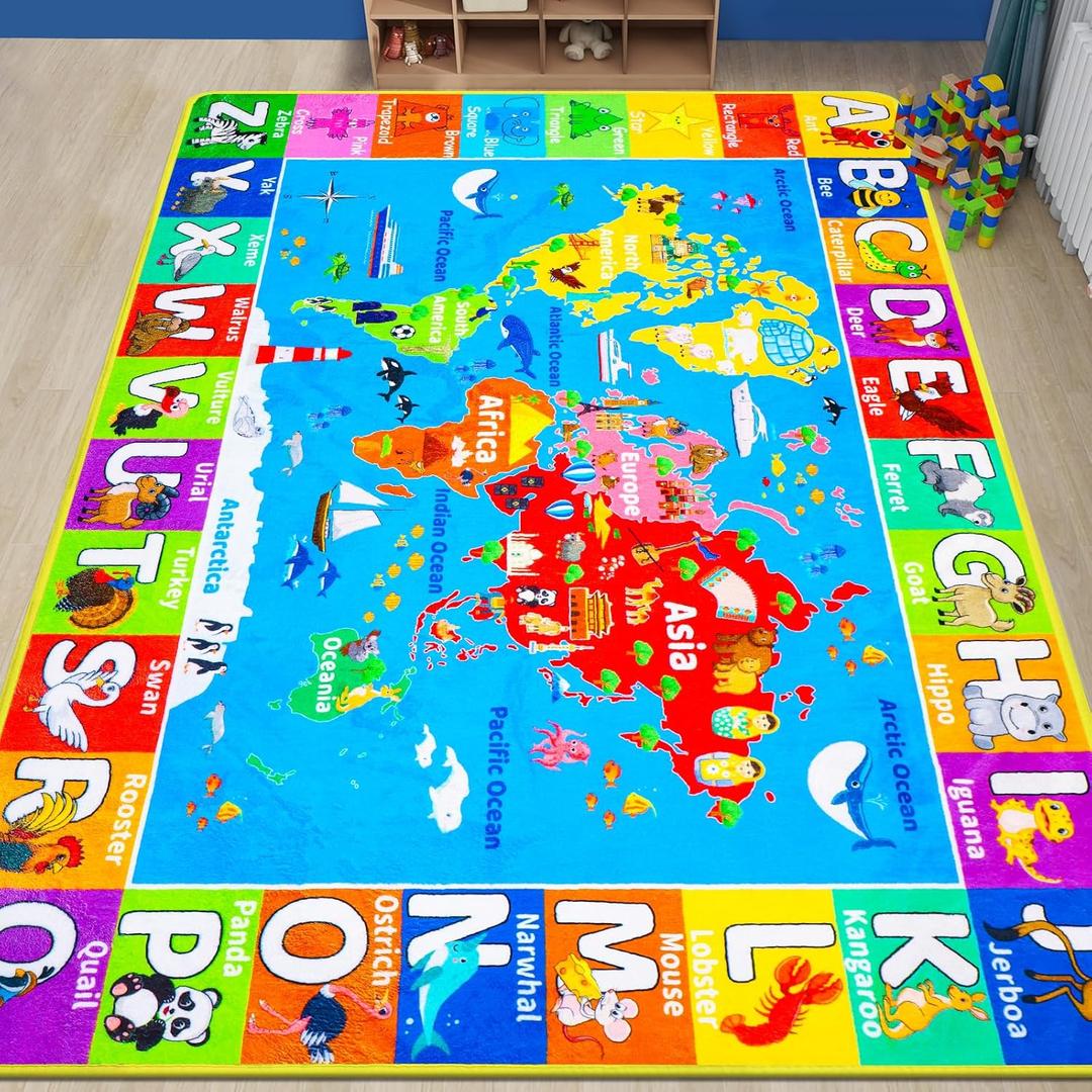 World Map ABC Kid Rug for Playroom 78.7"59" Geography Classroom Play Carpet Educational Baby Playmat Alphabet Mat for Primary School Fluffy Ployester Non-Slip Preschool Rug for Nursery Room