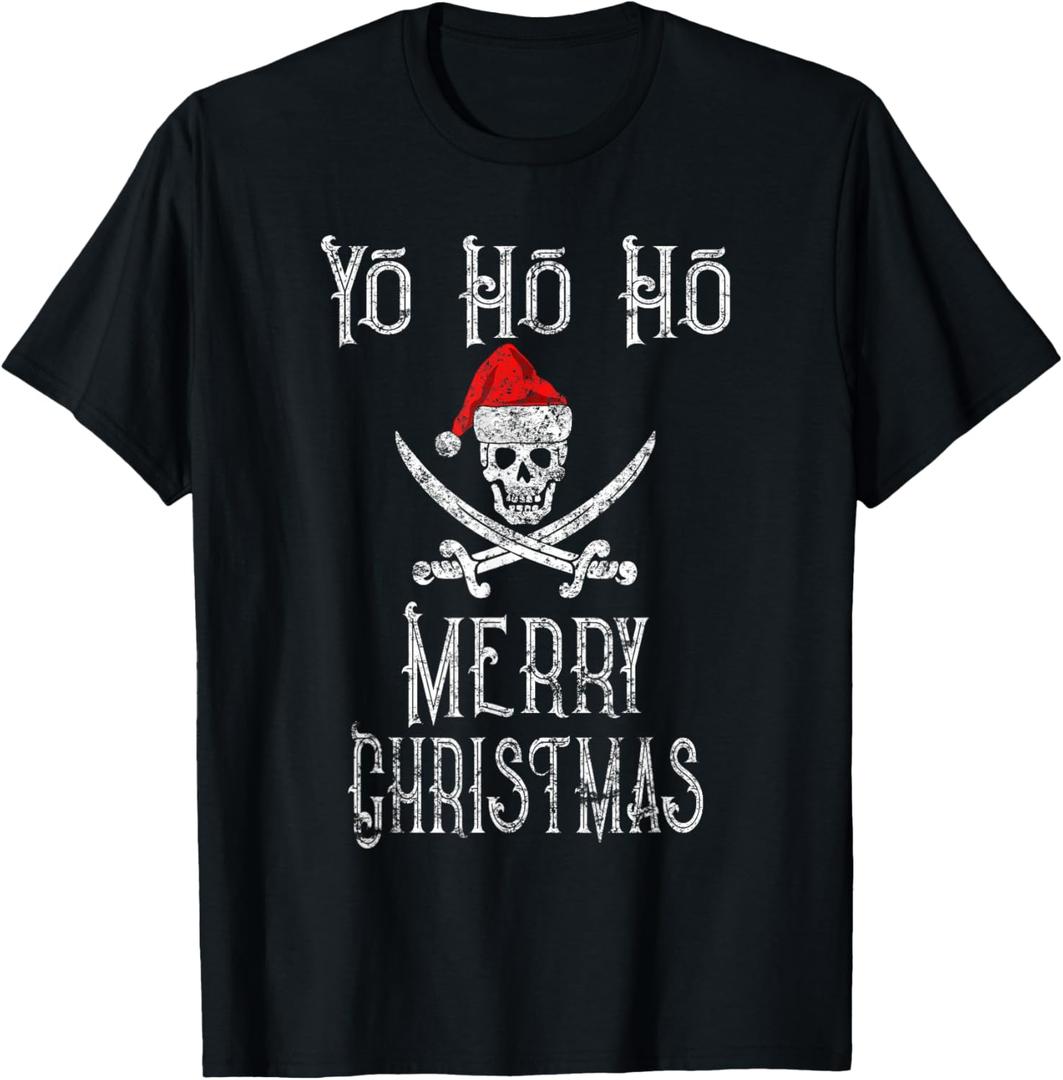 Holiday Pirate Yo Ho Ho Merry Christmas Santa Hat Boating T-Shirt Small