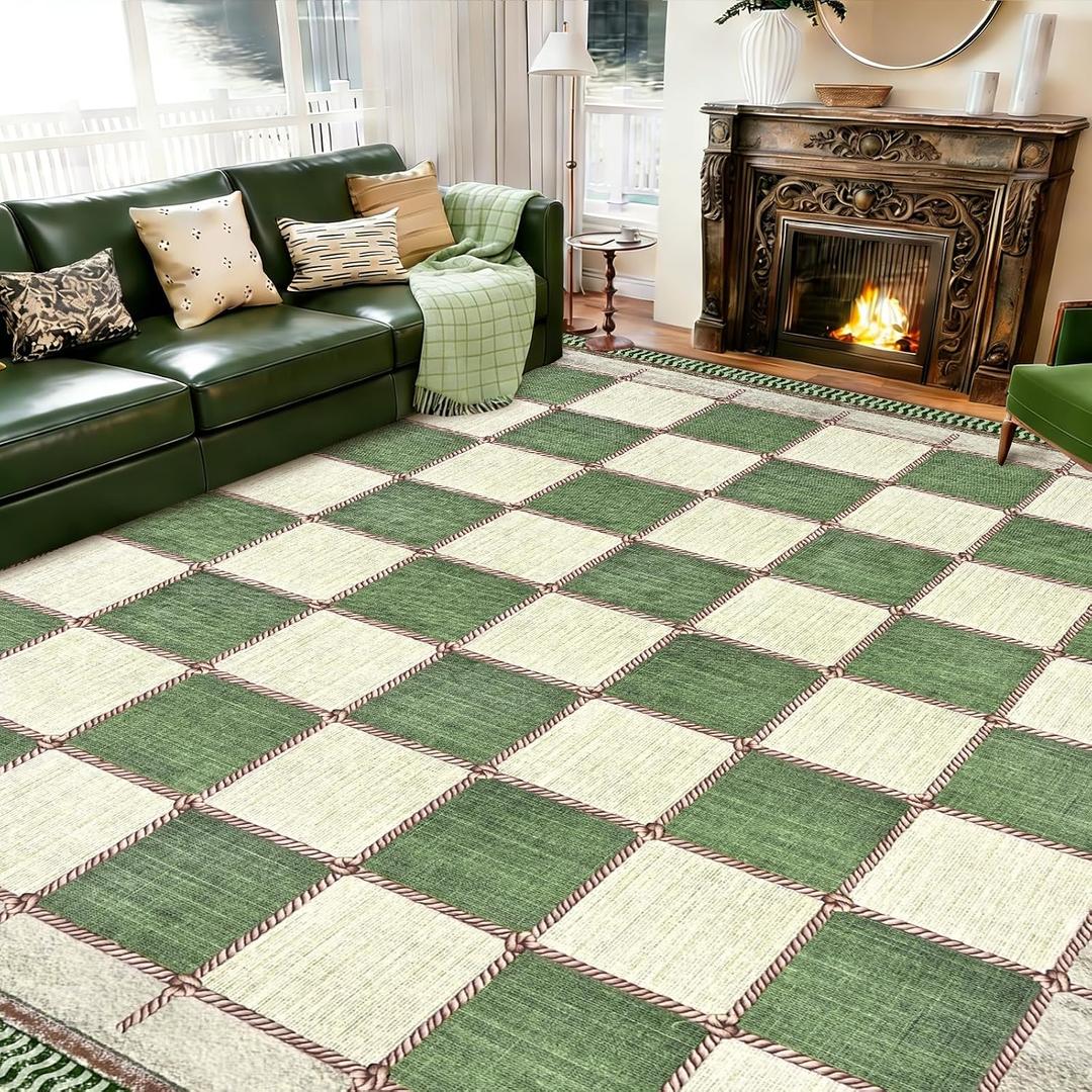 Yinhua Checkered 8x10 Area Rugs for Living Room, Washable Large Bedroom Rug