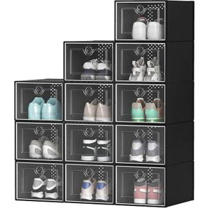 YITAHOME X-Large Shoe Storage Boxes, 18 Pack Shoe Organizer Box Fit up to US Size 15, Plastic Stackable Sneaker Containers for Bedroom, Entryway, Closet (Black, X-Large)