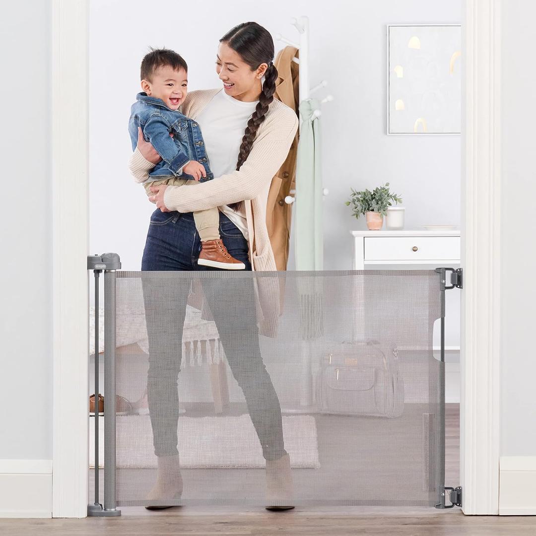 Regalo Safety 50" Extra Wide Retractable Baby Gate, Mesh Safety Gate for Doorways, Hallways & Bottom of Stairs, Hardware Mounted Gate for Babies, Toddlers & Pets, Lock Indicator Window, Gray