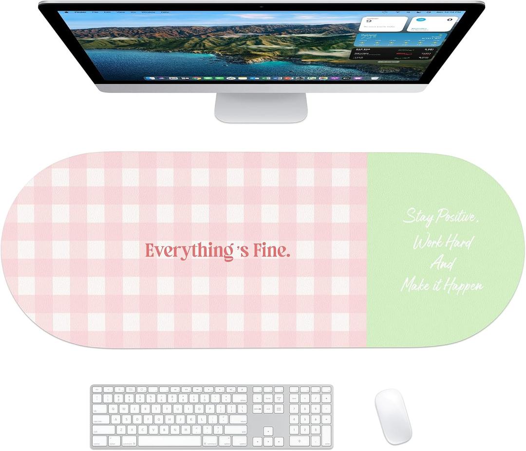 Checkered Pattern Desk Pad Protector, 35.5 x 13'' Aesthetic Mouse Mat for Desktop, Waterproof PU Leathe Non-Slip Desk Writing Pad for Office and Home, Pink and Green