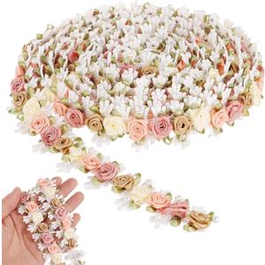 3 Yards Flower Lace Edge Trim, 3D Floral Embroidered Lace Trim, Multicolor Ribbon Rose Pearl Beads Applique, DIY Decoration Craft Supplies for Clothes, Headbands, Bags