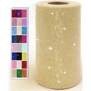 Glitter Gold Tulle Fabric Rolls, 6 Inch 50 Yards (150ft) Sparkling Spool Ribbon Sequin Netting for Tutu Skirt Gift Wrapping Wedding Party Decoration (White/Gold)