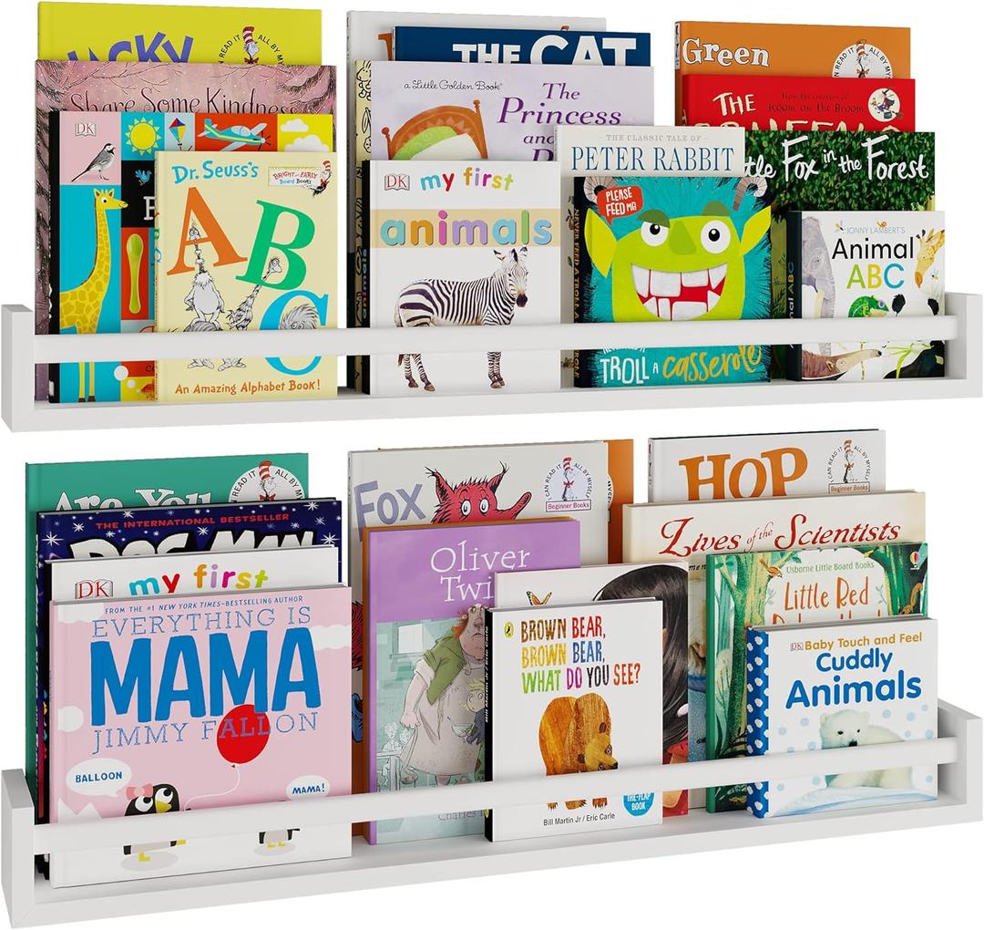 Wallniture Utah 32" White Nursery Bookshelves Wall Mounted, Wood Floating Book Shelves for Kids Room Set of 2