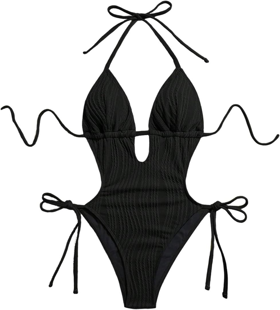 OYOANGLE Women's Textured Monokini Cheeky Bathing Suit Cutout Open Back One Piece Swimsuits, Medium