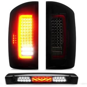 Tresound Tail Light + 3rd Brake Cargo Lamp for 2007 2008 Dodge Ram 1500, 2007 2008 2009 Ram 2500 3500, Third High Mount Stop Light Rear LED Taillight Assembly, 55277302AC 55277303AC