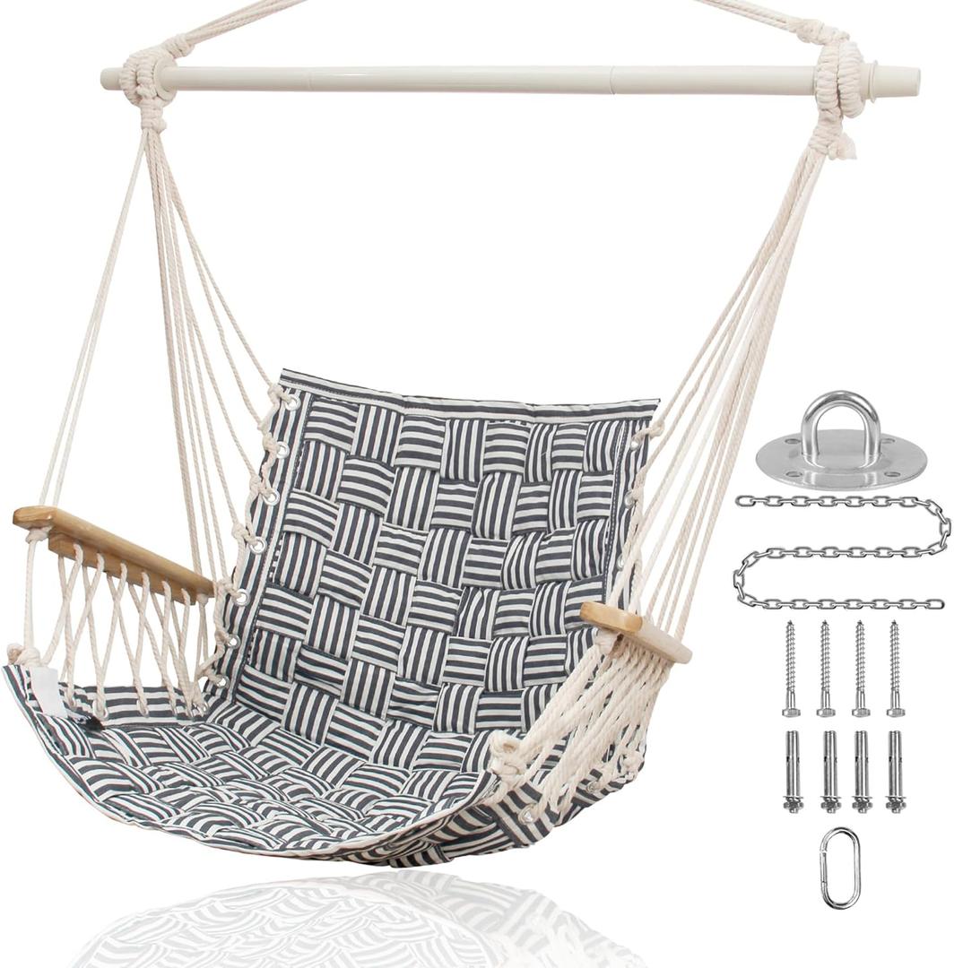 [Upgraded] Hammock Chair Hanging Swing with Wooden Armrests;Steel Spreader Bar and Anti-Slip Rings;Cotton Woven Fabric;Up to 300 Lbs for Bedroom,Patio,Porch,Deck-Indoor Midnight Blue Stripe