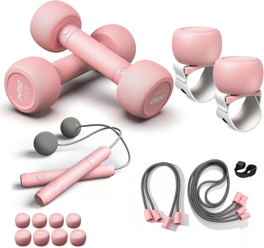 HTQ Adjustable Dumbbells, 5 in 1 Dumbbells Set Used as Barbell, Kettlebells, Jump Rope, Wrist Weights, Resistance Band, Fitness Exercises for Home Gym Suitable for Women, Pink/Green