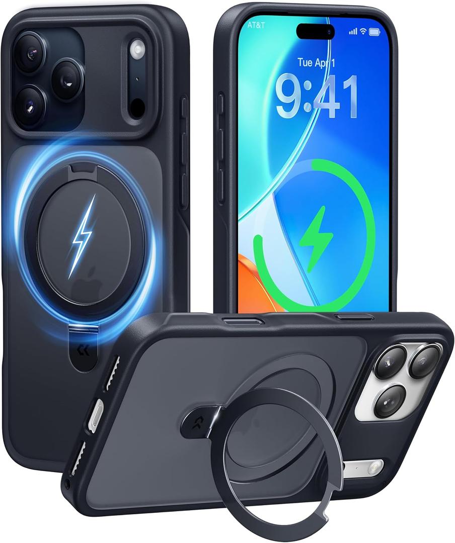 CASEKOO Ultra-Magnetic Stand for iPhone 17 Pro Case [Military Drop Protection] [Compatible with MagSafe] Shockproof Translucent Matte Slim Ring Holder Case for iPhone 17 Pro 6.3", Black