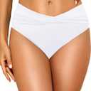 Tempt Me Women Mid Waist Bikini Bottoms - V Cut Bathing Suit Bottoms Twist Front Swimsuit Bottoms Ruched Swimwear 2025 (Small, White)