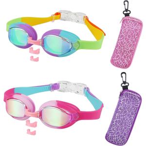 Kids Swim Goggles Age 3-14,2 Pack Swimming for Goggles Children/Boys/Girls with Case (2pk - Rainbow & Pink)