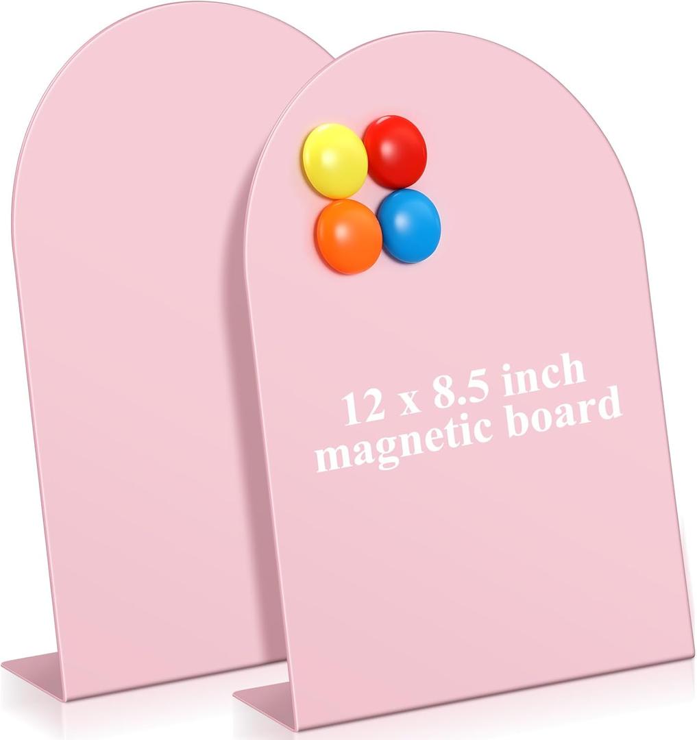 Shimeyao 2 Pcs Pink Magnetic Bulletin Board for Tabletops with 8 Magnets 12 x 8.5 Inch Memo Display Easel Stand for Home Office School Kitchen Table Supplies (Arched)