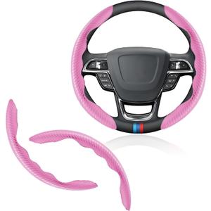 Universal Fit Carbon Fiber Steering Wheel Cover, Segmented Steering Wheel Protector, Carbon Fiber Anti-Skid Steering Wheel Cover Car Interior Accessories (2 Pcs Pink)