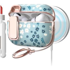 TATOFY for AirPods Pro 2nd Generation Case with Lock Carabiner Cleaner, Slim AirPod Pro 1st & 2nd Hard Case Cover, Compatible with MagSafe (Cyan)