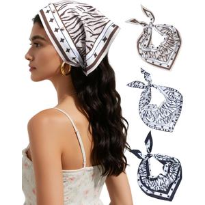 AWAYTR Women Triangle Head Scarf 3Pcs Tie Back Hair Bandanas for Women with Metal Studs - Head Coverings Cute Headscarf (Zebra - Black + White + Khaki)