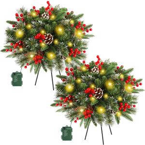 Juegoal 2 Pack Pre-lit Christmas Tree Urn Filler, Lighted Artificial Xmas Pine Trees with Tripod Stake, 8 Modes & Timer, Battery Powered Outdoor Light Up Planter Filler Festival Holiday Decor