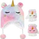 Unicorn Winter Hats and Gloves for Girls, Cute Fluffy Girls Earflap Beanie with Winter Mitten for Kids (Multicoloured)