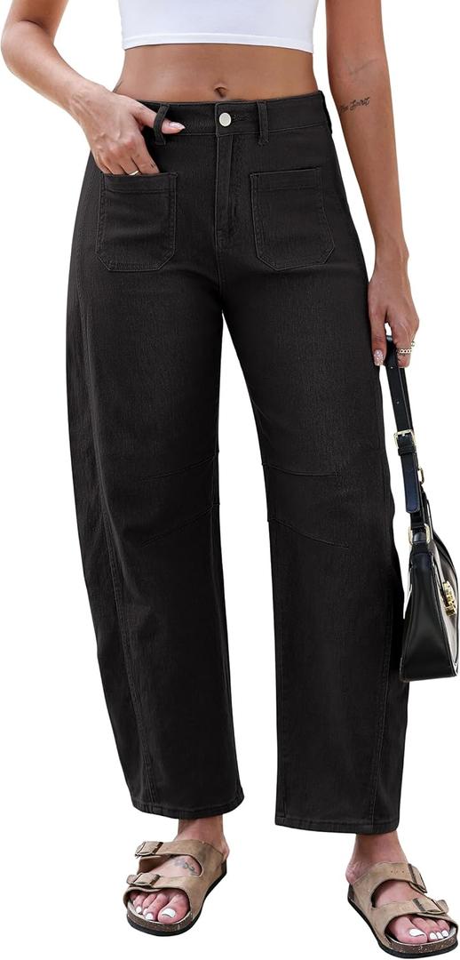Eddoyee Wide Leg Barrel Pants Women - Stretchy High Waist Baggy Pants Y2k Boyfriend Ankle Trousers with Pockets (Black, M)