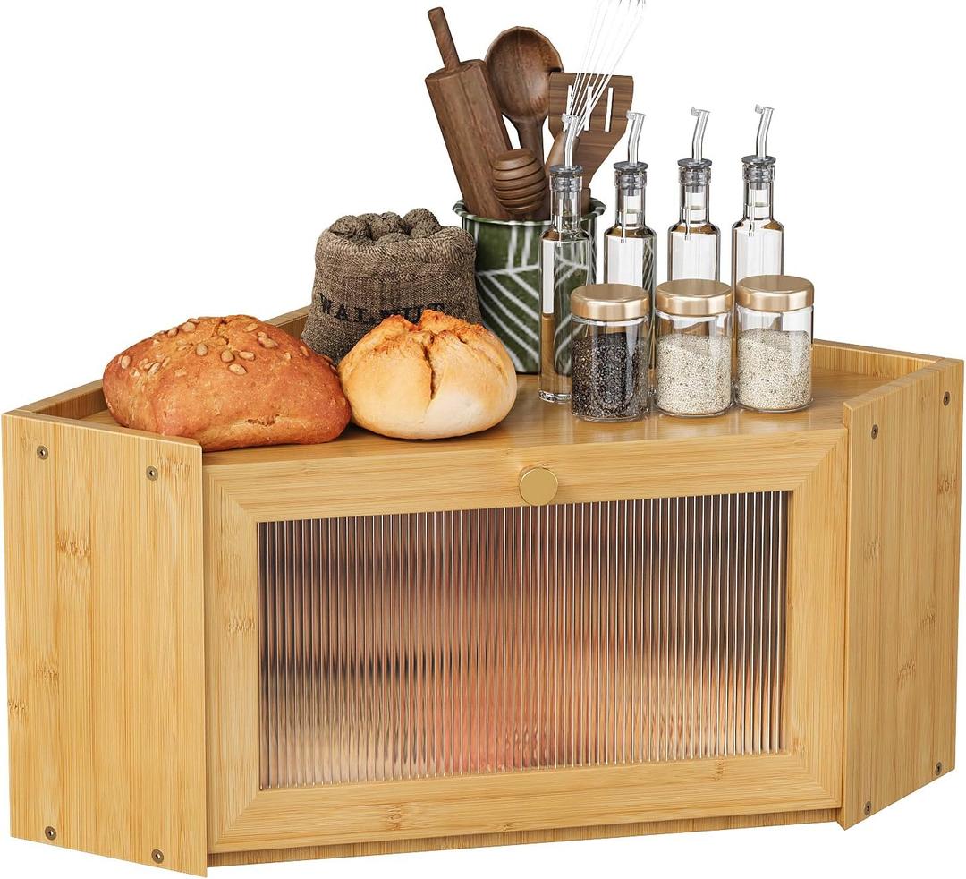 Corner Bamboo Bread Box for Kitchen Counter Large Capacity Rustic Bread Storage Container with Wavy Arcylic Transparent Door Vintage Storage for Homemade Bread (Natural Bamboo)