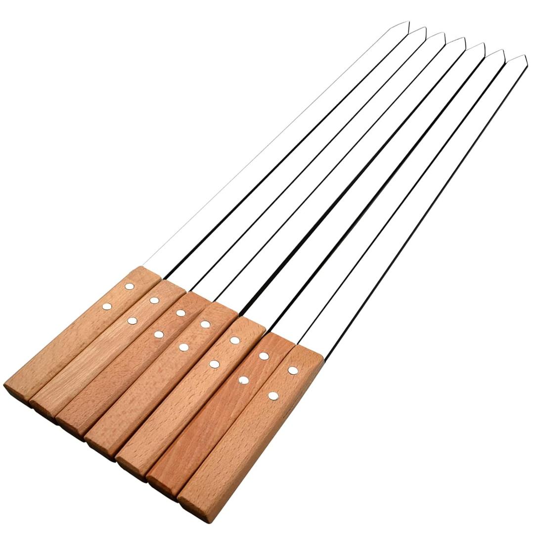 KAOROU Kabob Skewers23Inch Long,6/8Inch Wide Heavy Duty Stainless Steel with Wood Handle， Perfect for Koobideh Kebab Persian/Brazilian Style Chicken Shrimp Kebab,Set of7with Bag