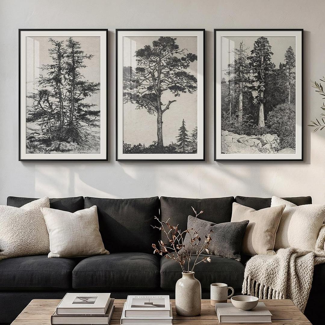 Large Framed Vintage 3 Piece Wall Art for Living Room, Black and White Tree Artwork for Walls, Modern Classic Rustic Sketch Forest Botanical Canvas Painting Prints for Office Wall Decor 24x36 In, 24" W x 36" H x 3Pcs