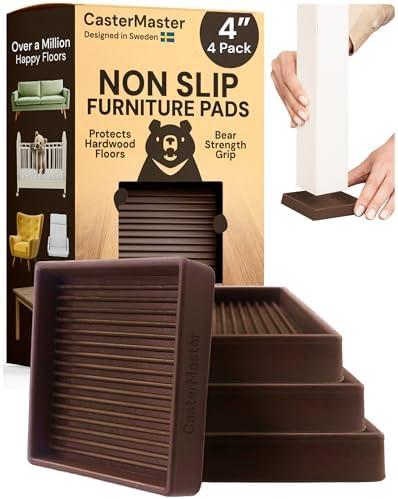 CasterMaster Non-Slip Furniture Pads Square Rubber Anti-Skid Caster Cups, Anti-Sliding Floor Protectors for Furniture (Brown, 4'' x 4'' (Pack of 4))