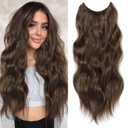 Halo Hair Extensions 24 Inch Invisible Wire Hair Extensions Adjustable Long Wavy Hairpiece Synthetic Upgrade 4 Secure Clips in Hairpieces 24 Inch,Medium Brown