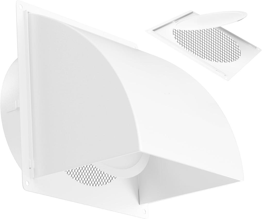 6 Inch Metal Dryer Vent Cover Outside, Heavy Duty Iron Exhaust Hood with Internal Damper, Detachable Cover & Fixed Mesh Screen for Dryer, Kitchen, HVAC, White