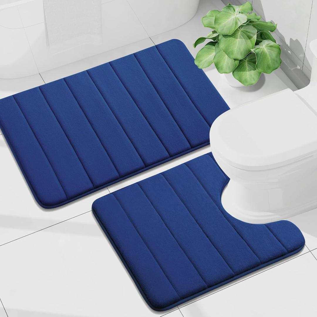 Buganda Bathroom Mat Set, 2 Piece Memory Foam Bath Mat and U-Shaped Toilet Rug, Machine Wash Dry, Soft Non Slip Absorbent Bath Rug for Bathroom, Shower and Tub (30" x 20"+24" x 20", Navy)